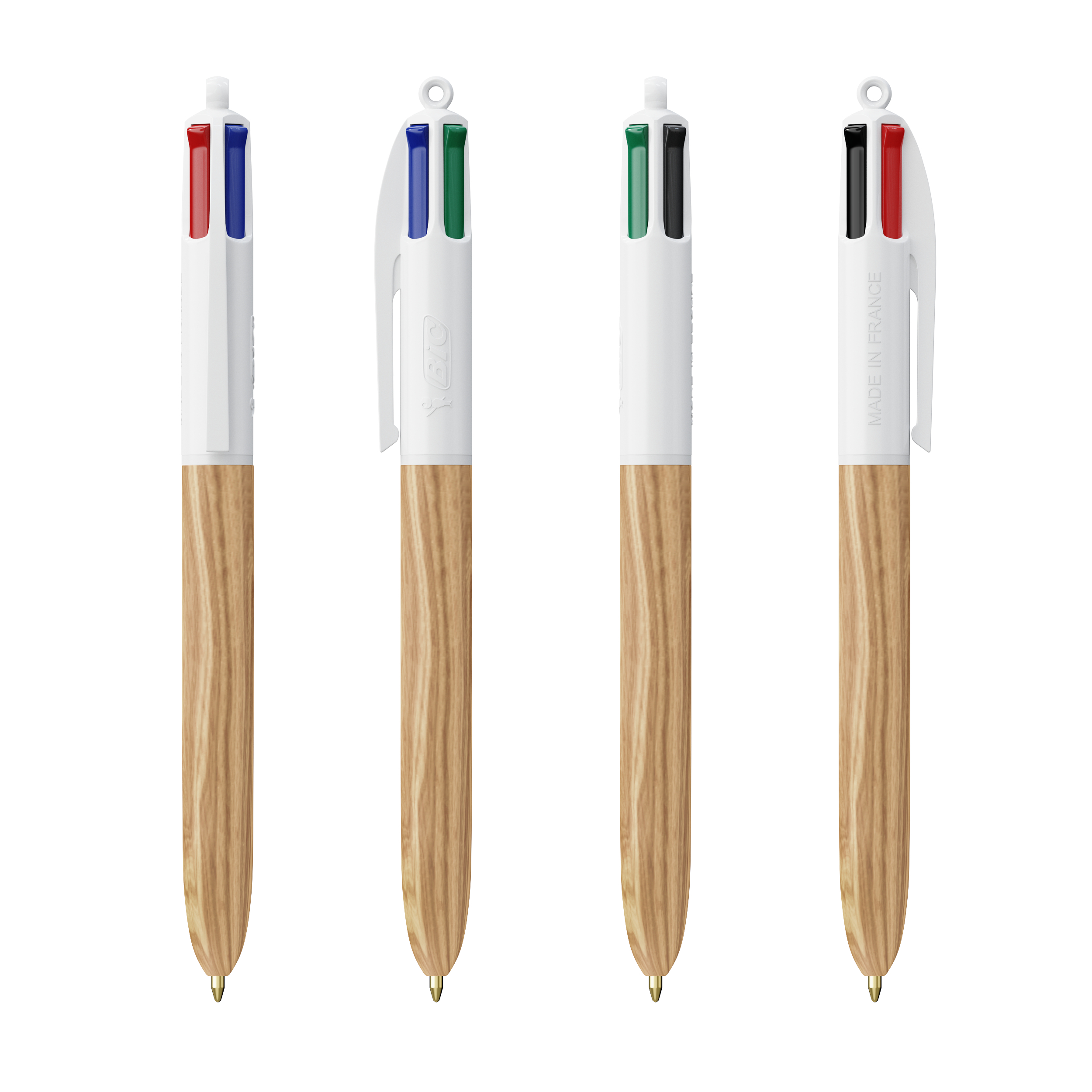 Stylo 4 Couleurs publicitaire BIC® Wood Style avec Lanyard Blanc - bois naturel